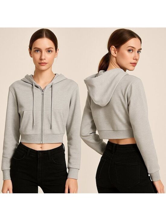 SHEIN Tops - SHEIN EZWEAR Women’s Light Gray Cropped Zip-Up Hoodie – Size Small ✨🩶🧥